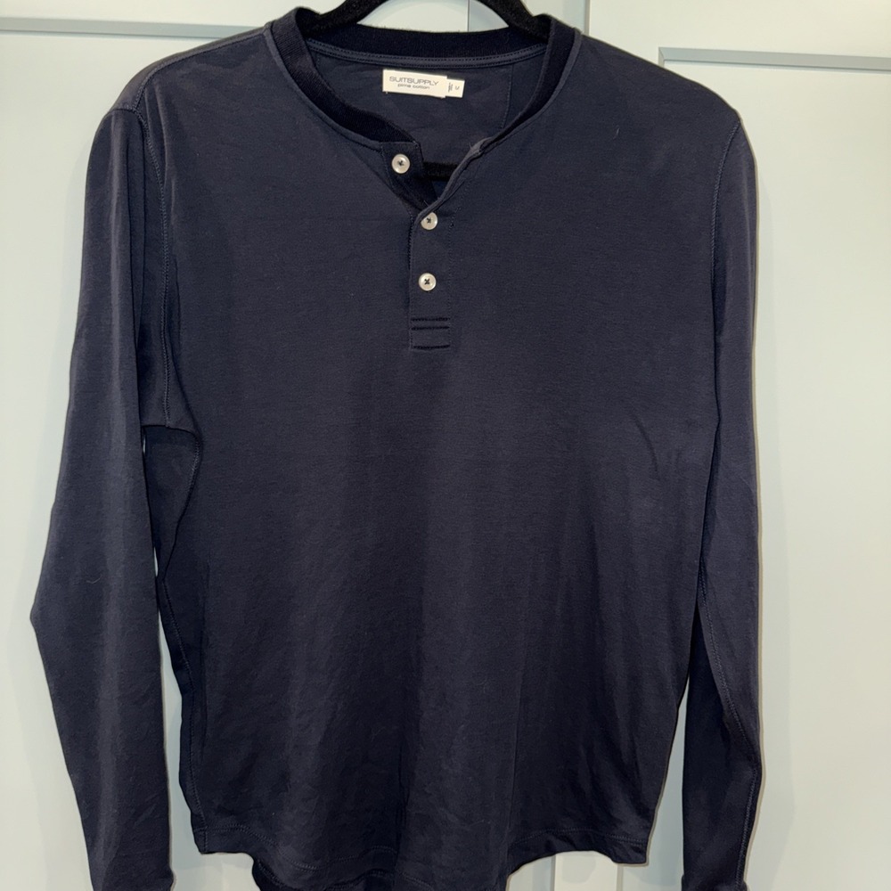 Suitsupply Shirt Men's Medium Blue Pima Cotton Long Sleeve Henley Lightweight